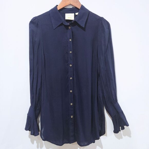 Anthropologie Maeve Navy Blue Flutter Sleeve Blouse Size 0 Feminine Romantic - Picture 1 of 9